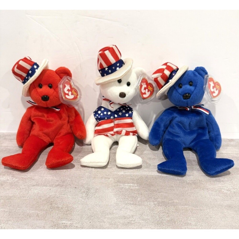 Ty Beanie Baby Sam the Bear Set - Patriotic Red White Blue - Rare Oakbrook Error